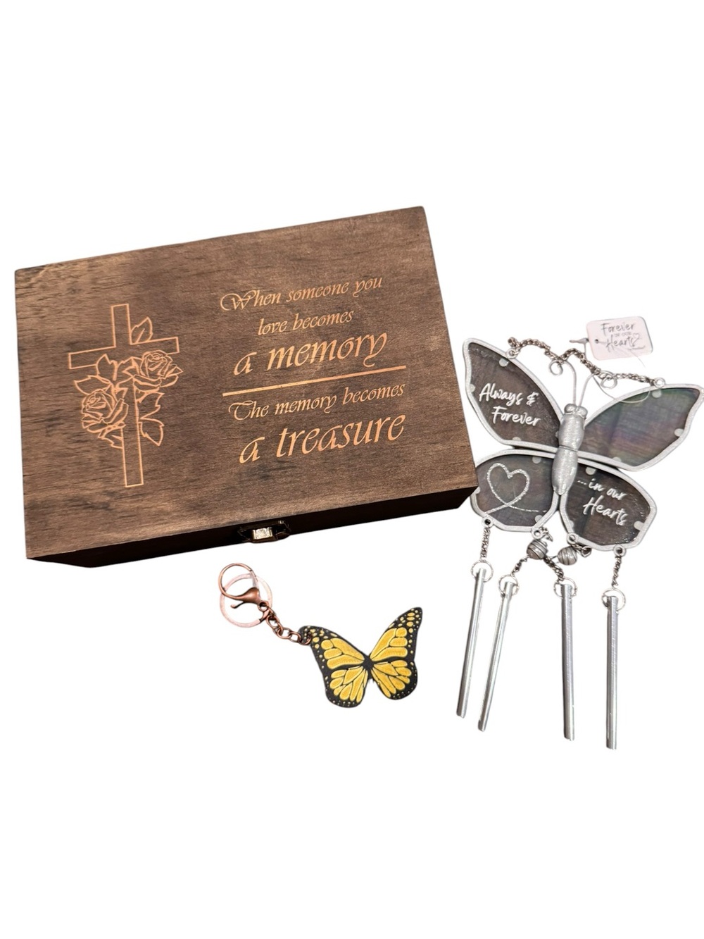 Memorial Butterfly Wind Chime & Keepsake Box Set with butterfly keychain